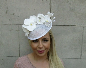 Off White Ivory Orchid Flower Floral Fascinator Disc Hat Headpiece Races or-05