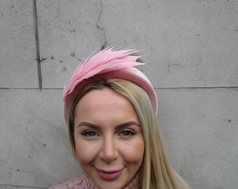 Dusky Blush Pink Feather Velvet Padded Headband Fascinator Headpiece Hairband Wedding Guest Races Headpiece u10312