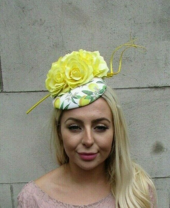 Starcrossedbeauty Lemon Yellow White Green Floral Feather Flower Hat Hair Fascinator Races 7807