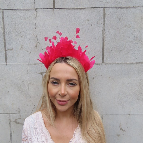 Bright Fuchsia Pink Feather Crown Fascinator Races Wedding Guest Headpiece Hairband Headband Modern Ladies Day Thin Headband Hot Pink u12704