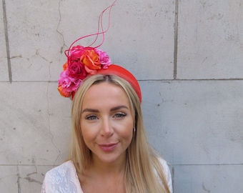 Burnt Orange & Hot Pink Velvet Fascinator Rose Flower Padded Headband Headpiece Wedding Guest Races Halo Hairband Floral Ladies Day u11805