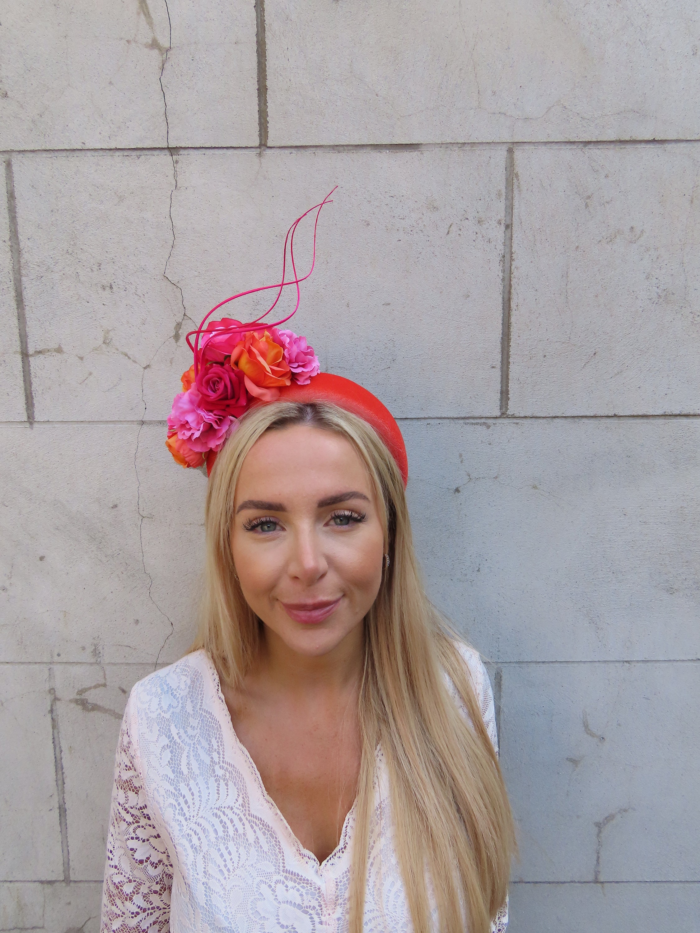 Burnt Orange & Hot Pink Velvet Fascinator Rose Flower Padded 