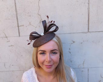 Dark Brown & White Pearl Pillbox Hat Wedding Guest Races Sinamay One off piece u12906