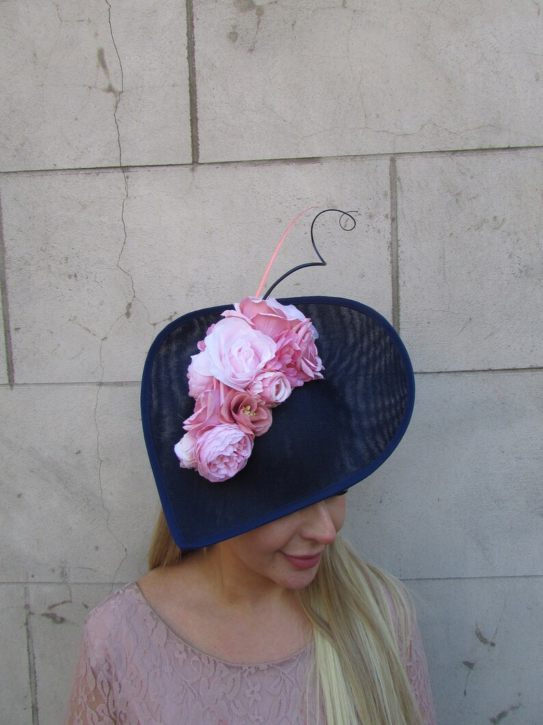 Large Navy Blue Dusky Blush Pink Rose Flower Fascinator Hat Big ...
