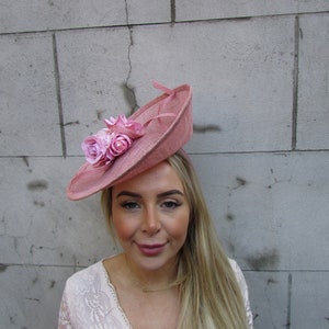 One off Piece - Large Dusky Pink Blush Floral Flower Sinamay Hat Wedding Fascinator Big Disc Saucer on a Headband Wedding Guest Races u10311