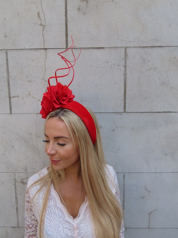 Red Rose & Feather Velvet Headband Ascot Fascinator  display picture 1