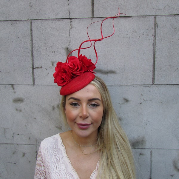 Red Rose Sinamay Flower Pillbox Hat Fascinator Wedding Races Headband Headpiece Statement Headwear Ladies Day Floral Hatinator Ascot u10311