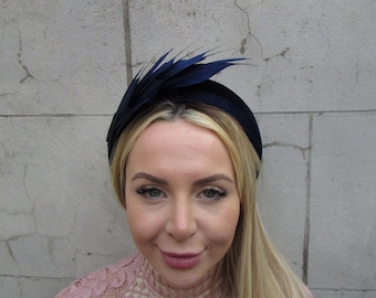 Navy Blue Feather Velvet Padded Headband Fascinator Headpiece Hat Wedding Guest Races Hairband Hair Band Halo Midnight Blue Cheltenham u1p