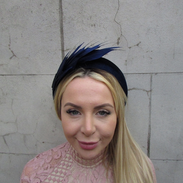Navy Blue Feather Velvet Padded Headband Fascinator Headpiece Hat Wedding Guest Races Hairband Halo u1p