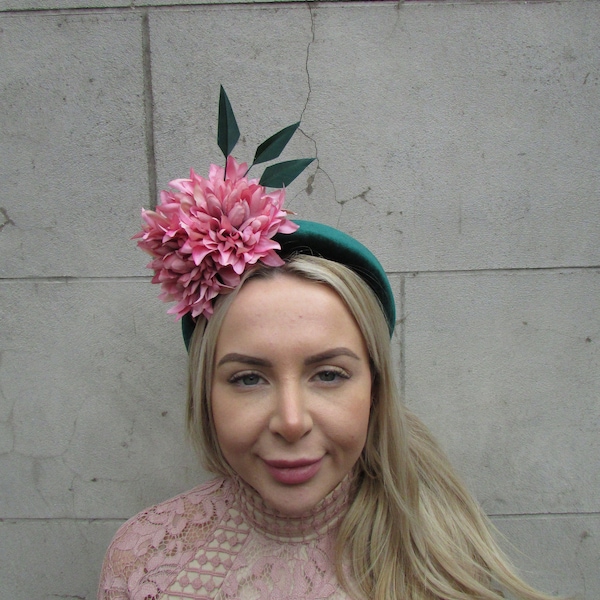 Bottle Green and Pink Fascinator Flower Velvet Padded Headband Fascinator Headpiece Wedding Races Halo Hairband Dusky Mauve Pink u12603