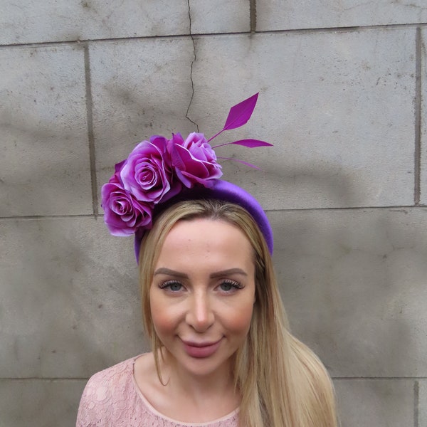 Grape Purple Fascinator Plum Velvet Padded Headband Headpiece Wedding Races Halo Hairband Berry Purple Rose Flower Floral Headpiece u11002
