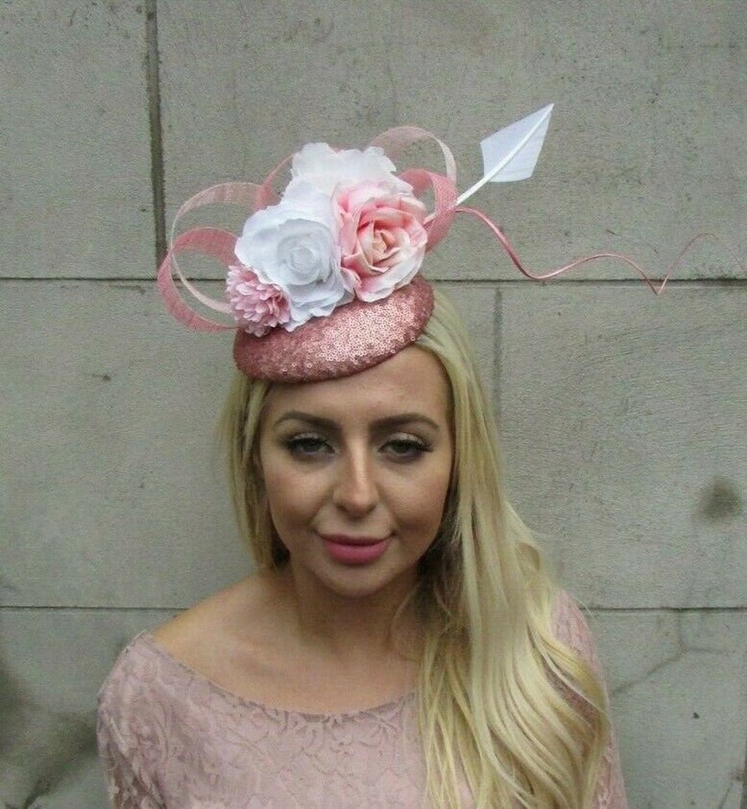 Rose Gold White Blush Light Pink Flower Feather Hat Hair Fascinator ...