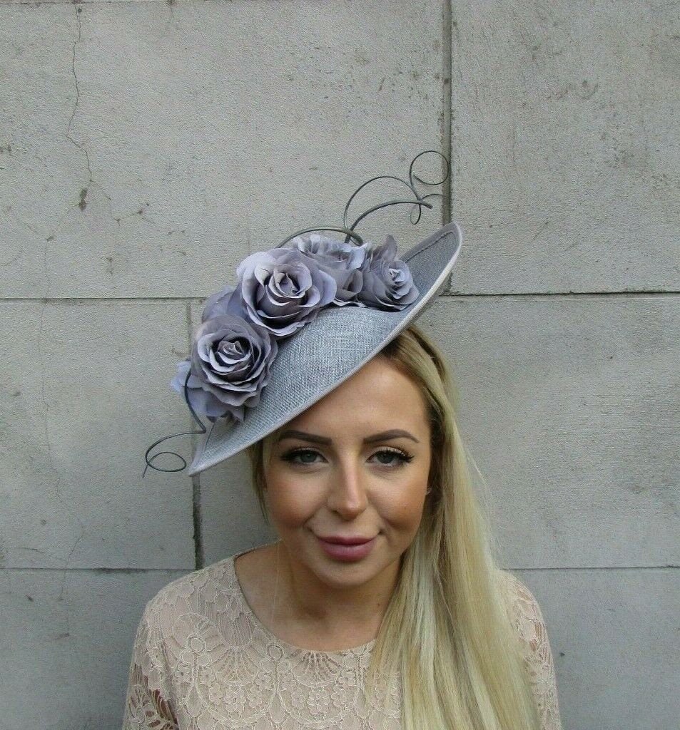 Large Grey Rose Flower Feather Hat 