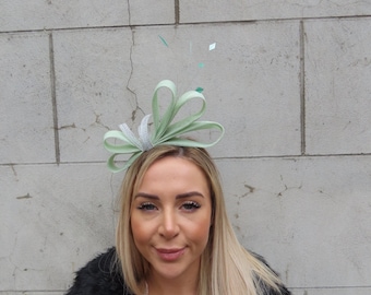 Mint Green & Silver Feather Fascinator Headband Headpiece Races Wedding Guest Sinamay Ladies Day Light Green Hairband One off Piece - u11802