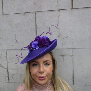 Large Purple Disc Flower Floral Feather Fascinator Hat Races Hatinator Wedding Guest Hairband Headband sh-482uu