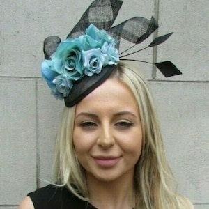 Black Turquoise Green Floral Rose Flower Feather Hat Hair Fascinator Races u1z61