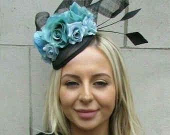 Black Turquoise Green Floral Rose Flower Feather Hat Hair Fascinator Races u1z61