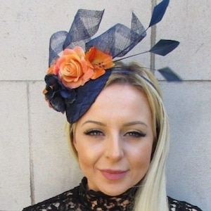 Navy Blue Orange Rose Flower Feather Pillbox Hat Fascinator Races Wedding sh-434