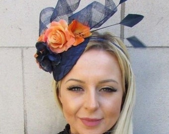 Navy Blue Orange Rose Flower Feather Pillbox Hat Fascinator Races Wedding sh-434