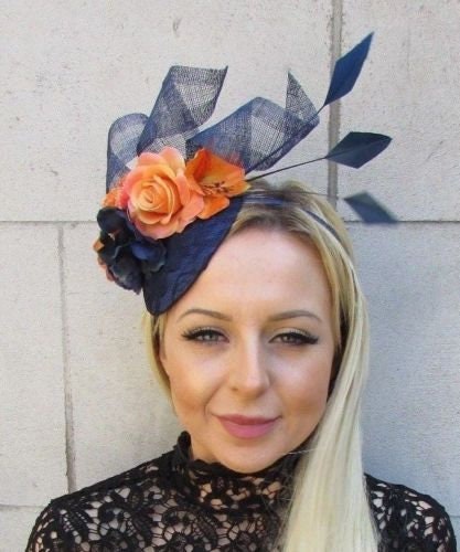 Fascinator Bleu Tacheté – Style Pilulier, Avec Plumes, élastique, Pour Courses Ou Mariage