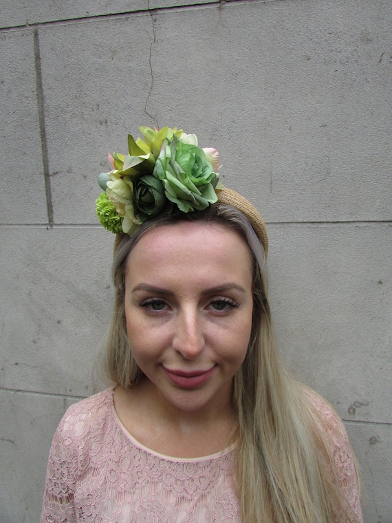 Halo/crown headpiece fabric headband with fabric flowers Wreath Halo Crown Headpiece Crystals and Organza Flowers  main image 3