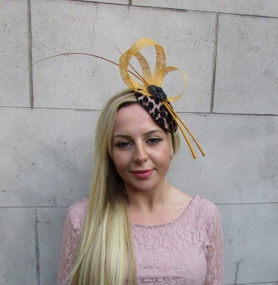 Starcrossedbeauty Mustard Gold Yellow Black Feather Leopard Animal Print Hat Fascinator Races 6392