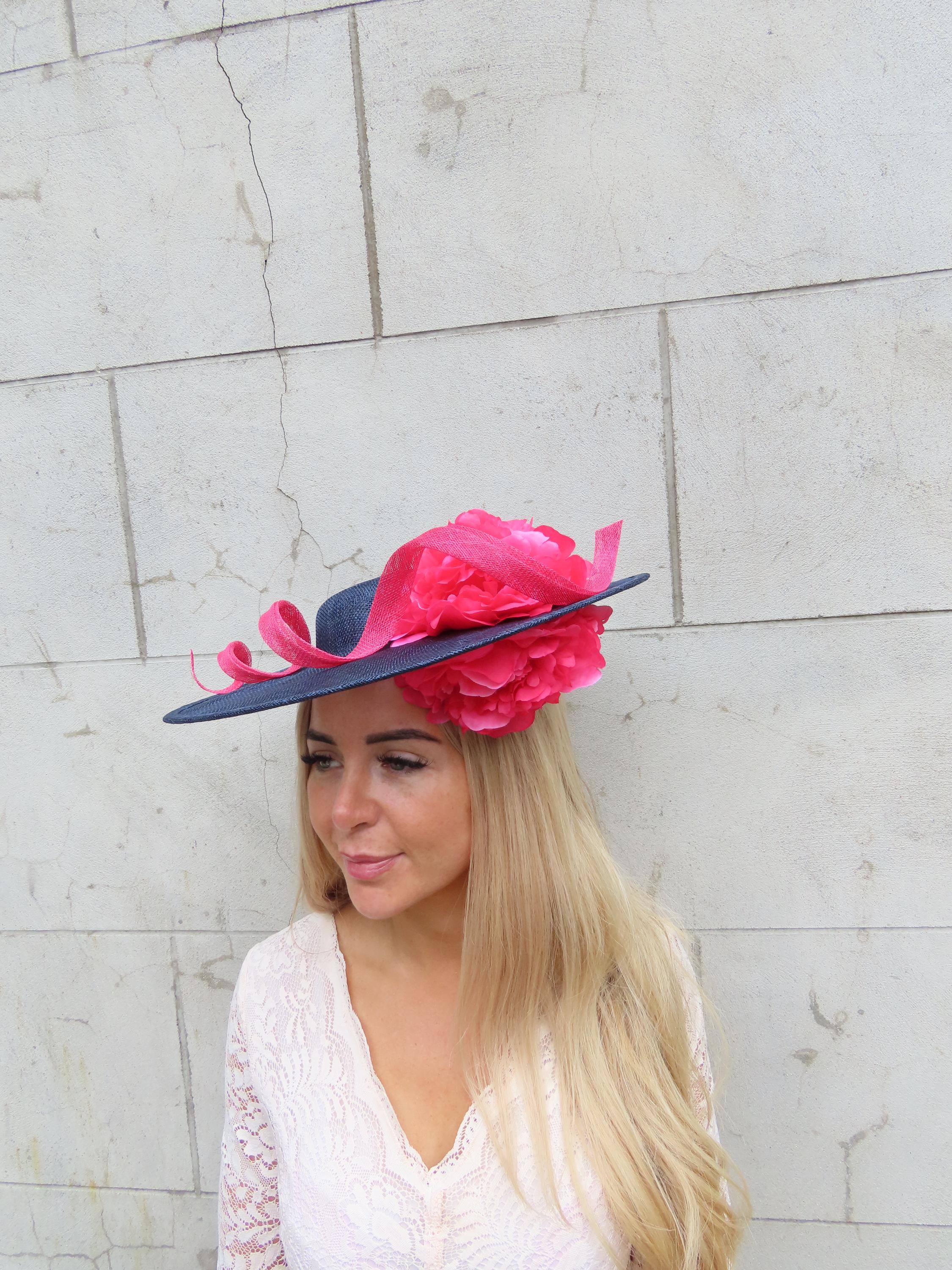 Large Navy Blue & Fuchsia Hot Pink Flower Hat Fascinator Disc Boater ...