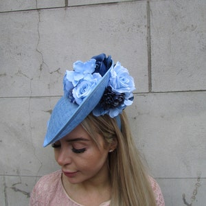 Large Light Blue Navy Rose Flower Teardrop Fascinator Hat Races Hair Headband Wedding Guest Ladies Day Headpiece Hatinator Pale Blue u10107
