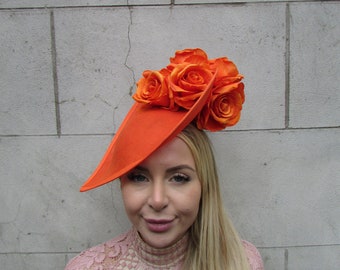 Large Burnt Orange Teardrop Fascinator Hat Flower Wedding Big Races Headpiece Hatinator Floral Hairband or-99