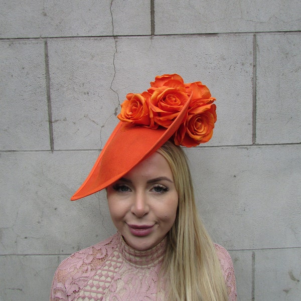 Large Burnt Orange Teardrop Fascinator Hat Flower Wedding Big Races Headpiece Hatinator Floral Hairband or-99