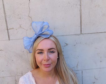 Light Cornflower Blue Bow Fascinator Headband Feather Races Wedding Guest Sinamay One off Piece u12904