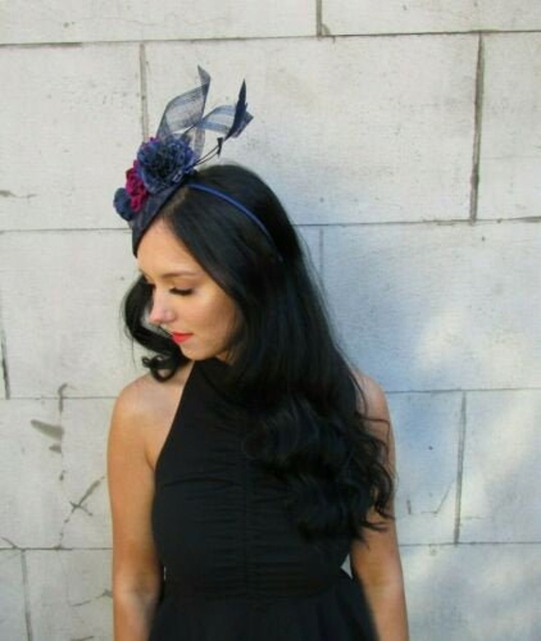 Navy Blue Fuchsia Pink Flower Feather Hat Fascinator Races Wedding Hair ...