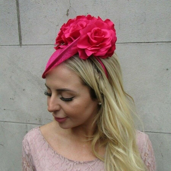 Cerise Hot Pink Rose Flower Floral Fascinator Disc Hat Sinamay Saucer Ascot Hatinator