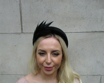 Black Feather Velvet Padded Headband Fascinator Headpiece Wedding Races Hairband Halo u1p