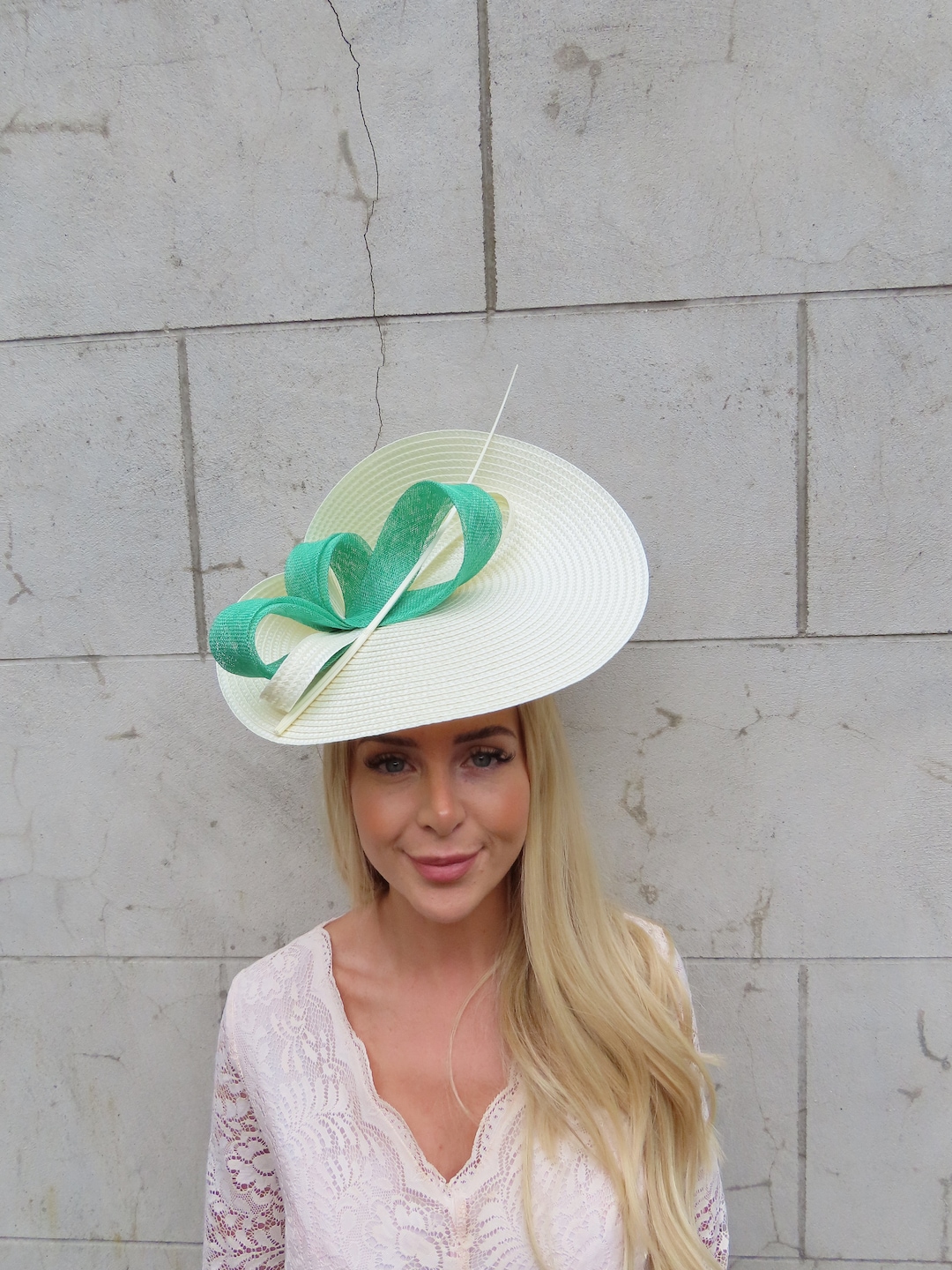One off Piece Large Cream & Emerald Green Feather Straw Style Hat ...