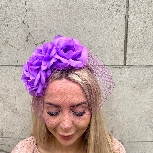 Light Purple Alice Band Birdcage Veil Fascinator Headband Rose Flower Wedding Guest Races Hairband Headpiece u10107