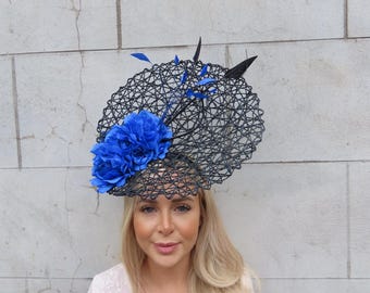 Elegant Black Feathered Hat with Blue Rose Woman Felt Navy Blue Hat With Peacock Feathers, Peacock  main image 3
