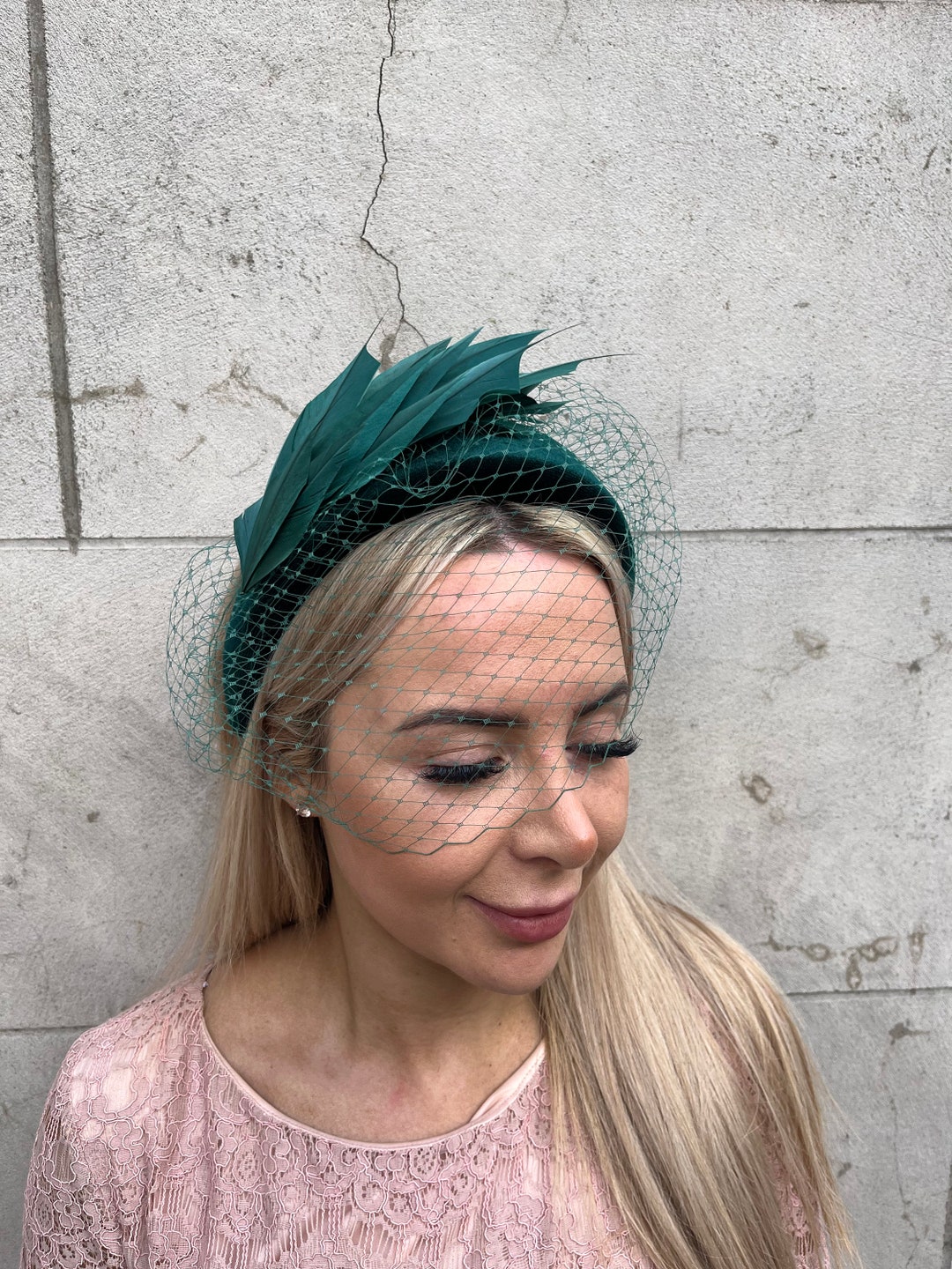 Bottle Green Birdcage Veil Fascinator Headband Feather Velvet Padded