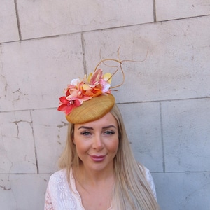 One Off Piece - Mustard Yellow Red Peach Beige Orchid Flower Sinamay Pillbox Hat Fascinator Headpiece Wedding Guest Races Hatinator u11903