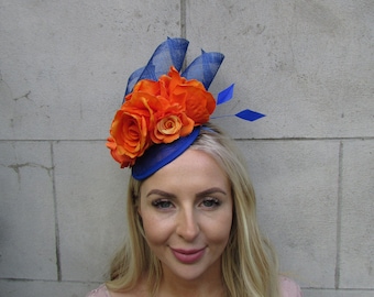 NEW Sinamay Royal Blue Orange Rose Flower Feather Hat Fascinator Wedding Races Hair Headpiece Sinamay SH-49