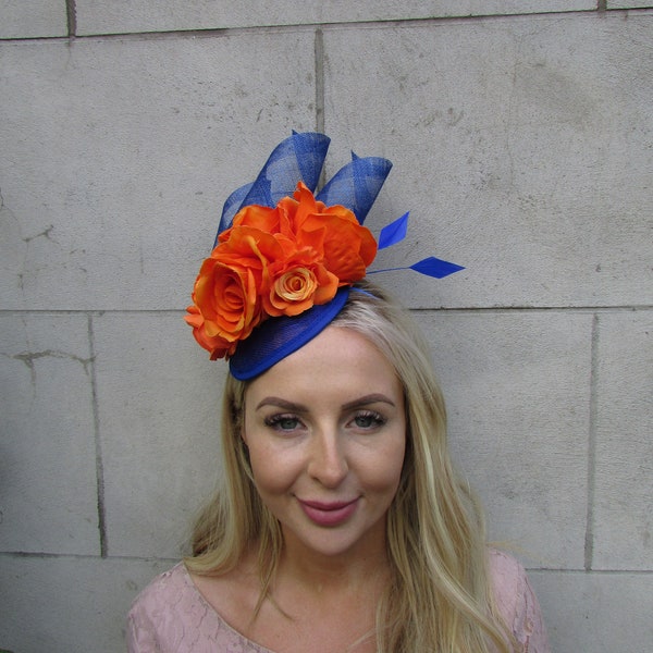 NEW Sinamay Royal Blue Orange Rose Flower Feather Hat Fascinator Wedding Races Hair Headpiece Sinamay SH-49