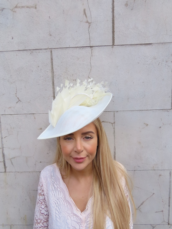 Large Cream Feather Fascinator Hat Big Teardrop Wedding 