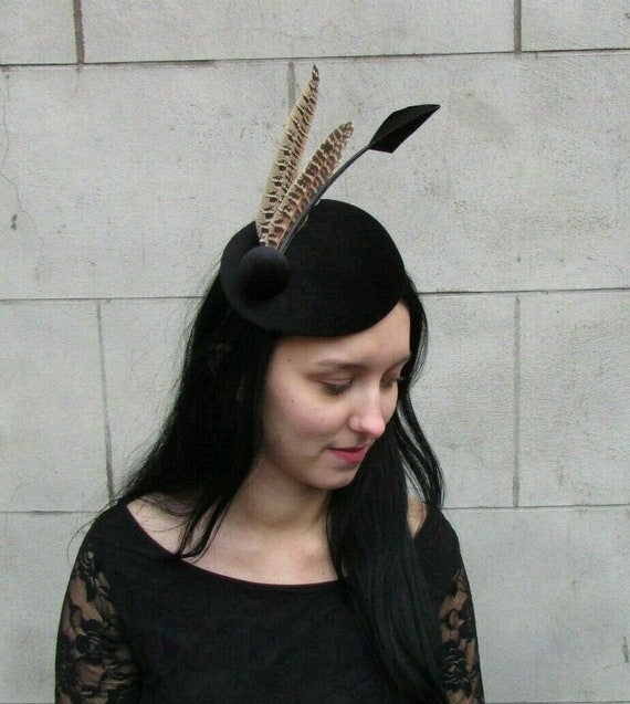 Pheasant feather black pillbox fascinator clip hair band accessory 