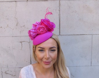 Magenta Pink Flower Feather Pillbox Hat Fascinator Wedding Races Headpiece Headband Floral Hatinator Hot Pink Fuchsia Ascot u10903