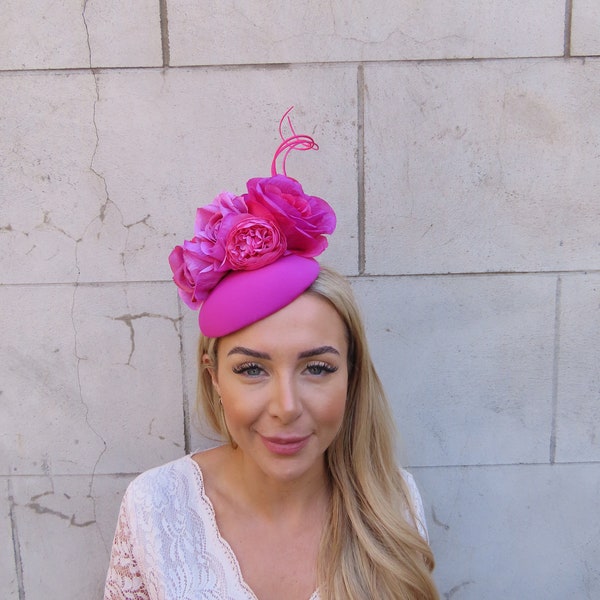 Magenta Pink Flower Feather Pillbox Hat Fascinator Wedding Races Headpiece Headband Floral Hatinator Hot Pink Fuchsia Ascot u10903
