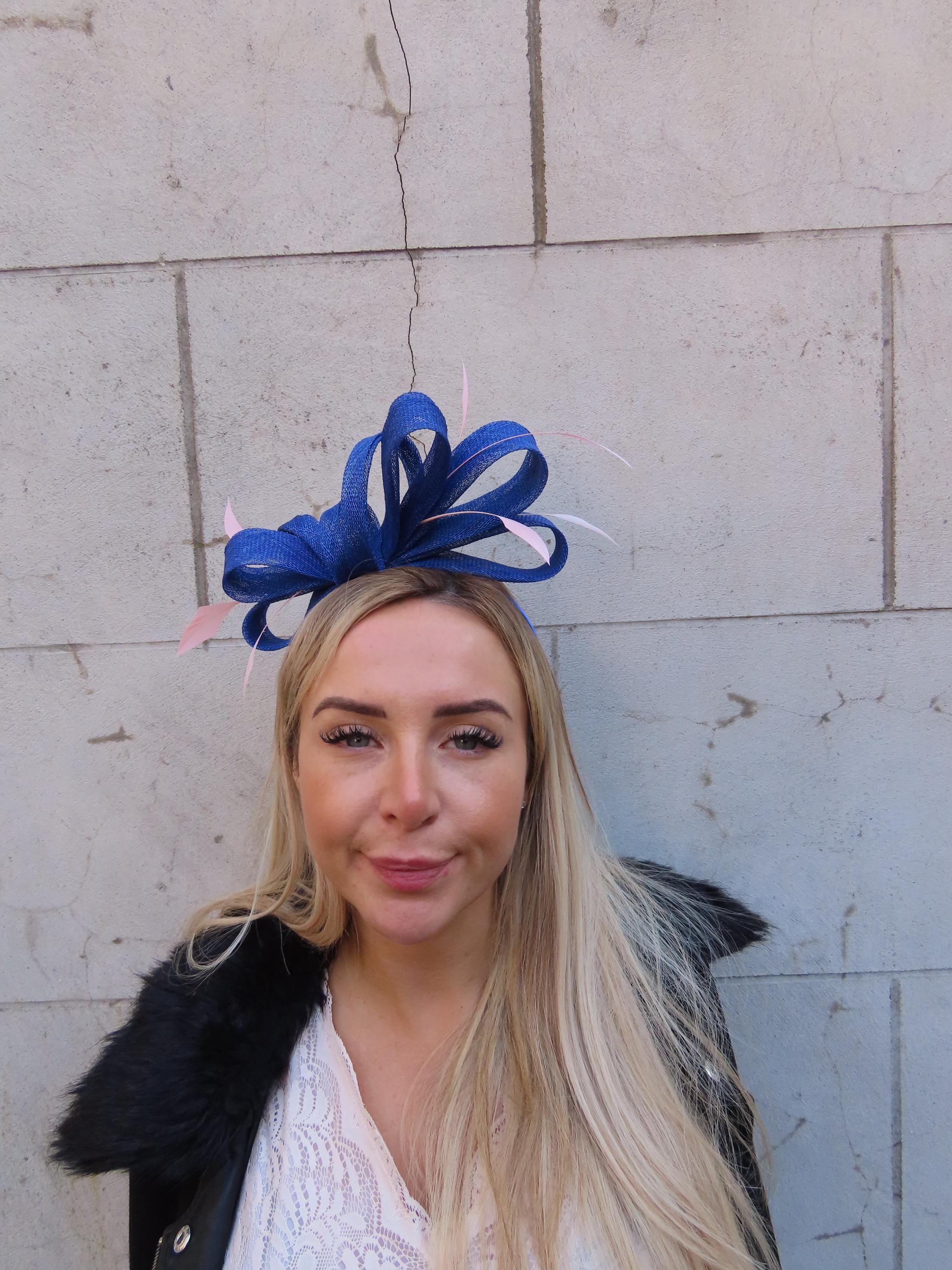 Royal Blue & Blush Dusky Pink Sinamay Feather Fascinator Headband