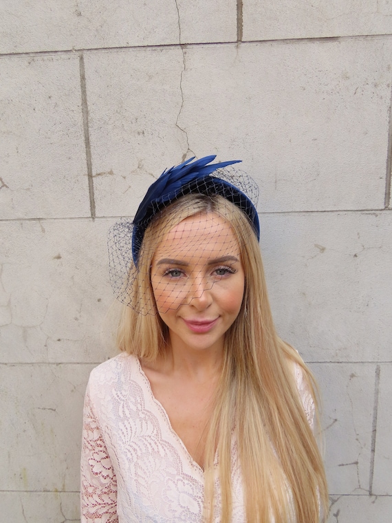 Navy Blue Birdcage Veil Fascinator Headband Feather Padded  display picture 2