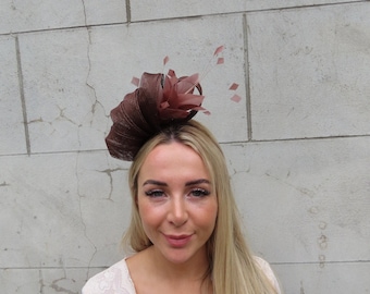 Brown Feather Fascinator Headband Wedding Guest Headpiece Races Sinamay One off Piece - u12207