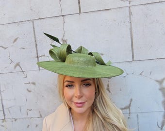 Large Olive Green Feather Hatinator Hat Boater