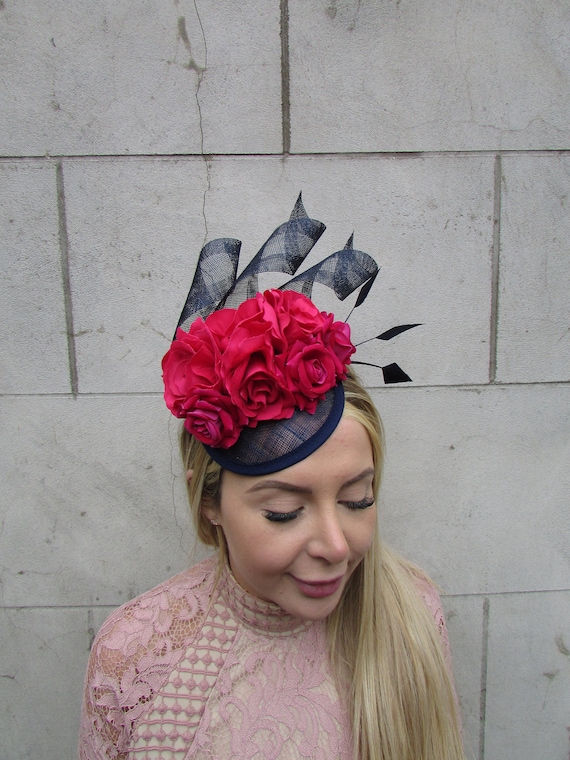 Blue & Fuchsia Feather Flower Headpiece Fascinator Navy Blue Magenta Fuchsia Pink Rose Flower Velvet Padded  main image 3